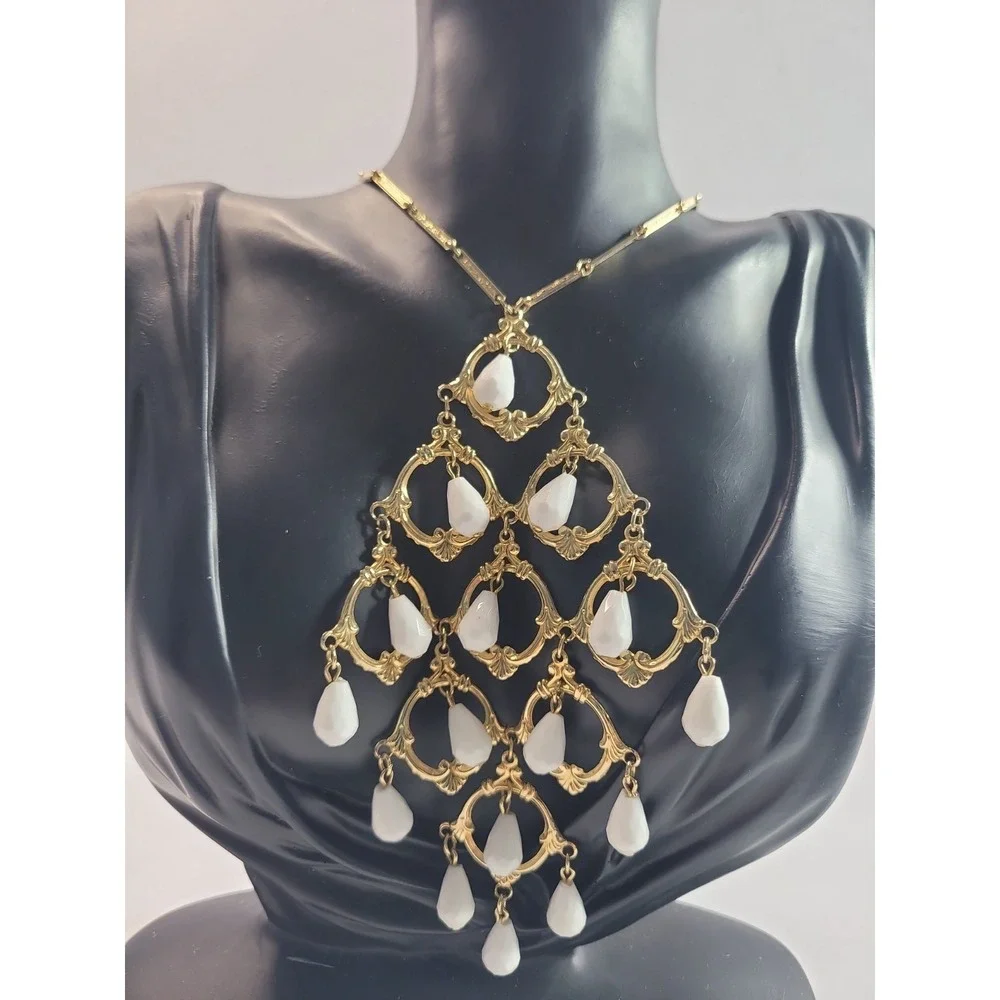 Gold Tone Chandelier Bib Necklace White Faceted Teardrop Beads Statement Necklac